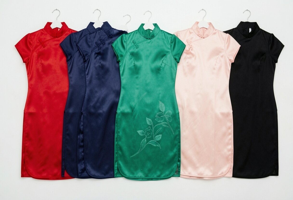A flat lay or editorial shot showing multiple cheongsams in different colours side by side &mdash; red, navy, jade green, blush pink, and black if possible. Should visually communicate the range of colour choices available. Clean, minimal styling.